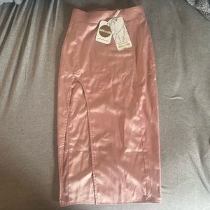 NWT Oh Polly Pink Satin Maxi Skirt with Slit